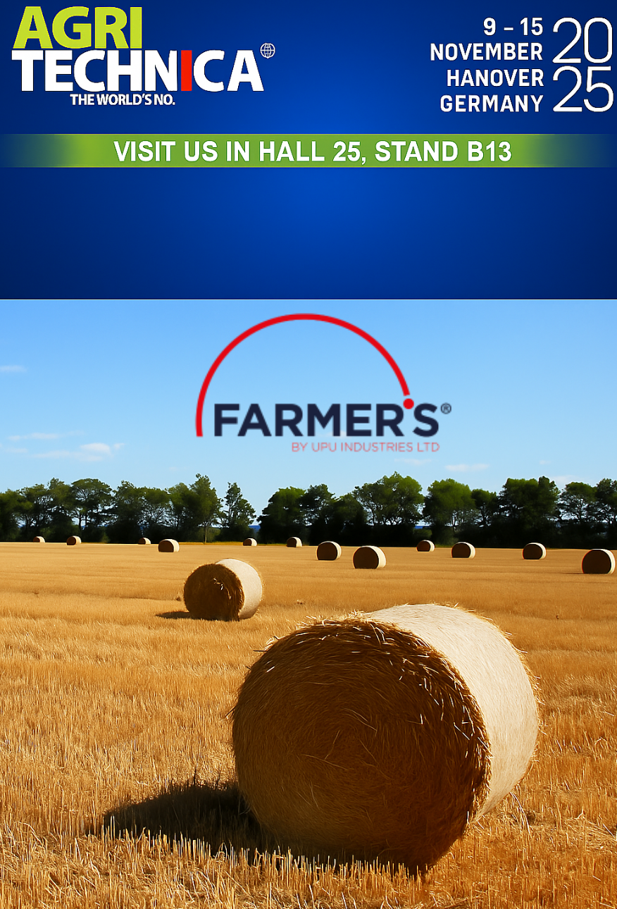 Agritechnica 2025 poster with Farmer’s logo and round bales in a field